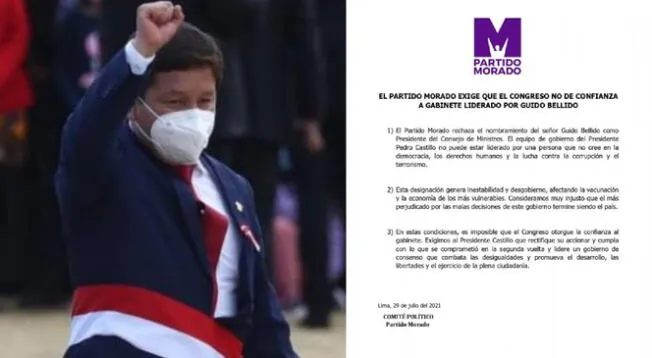 Partido Morado exige al Congreso no brindarle el voto de confianza a Guido Bellido