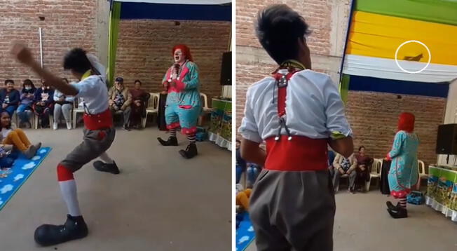 El divertido payasito no podía creer que su chaleco terminó en el toldo de la fiesta