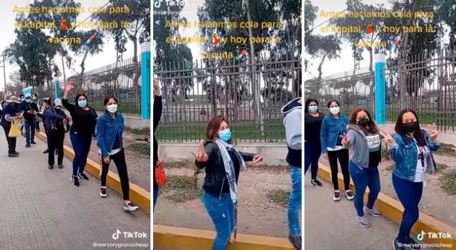 Un grupo de señoritas bailaron al ritmo de un perro mientras hacían cola para ser vacunadas.