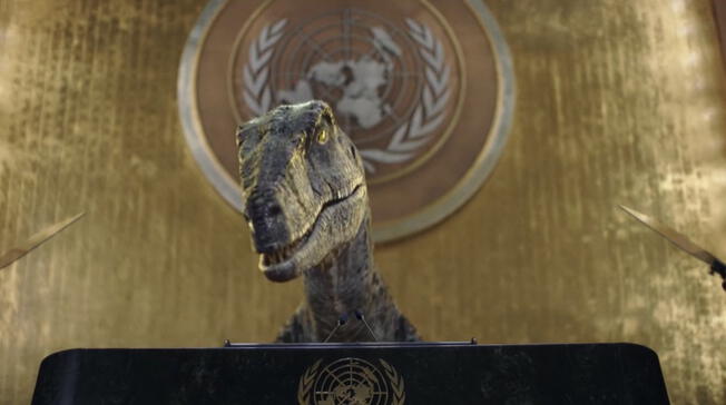 Dinosaurio de la ONU busca concientizar sobre el cambio climático.