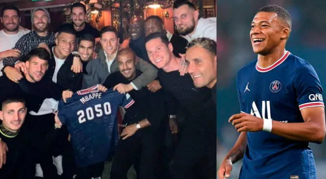 Kylian Mbappé con el regalo que le hicieron sus compañeros del PSG