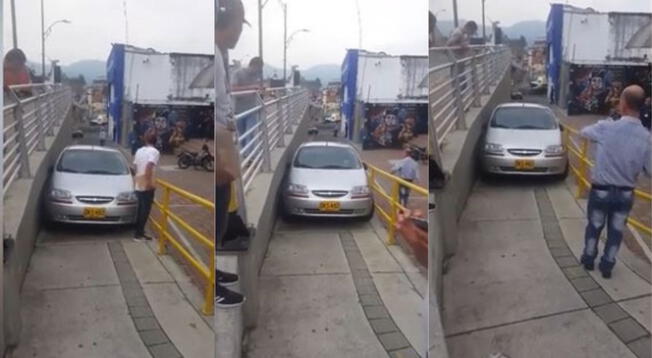 Viral: sujeto intentó subir a puente peatonal con su carro y se quedó atrapado - VIDEO