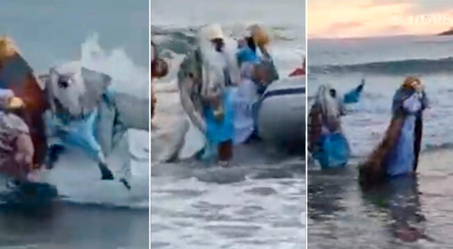 Viral: Reyes Magos son sorprendidos por una fuerte ola y caen al mar - VIDEO