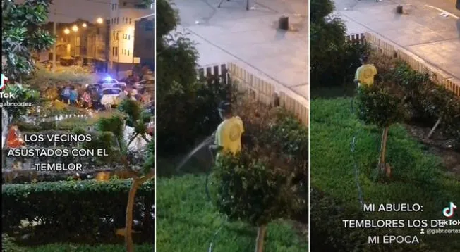 Abuelito no se intimida con temblor y sigue con lo suyo regando sus plantitas