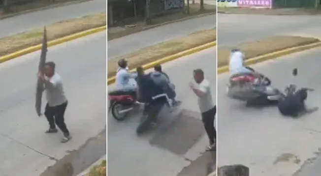 Comerciante derribó a ladrones que iban en moto y video es viral en redes sociales