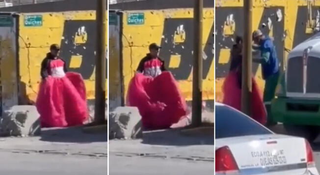 Recolector de basura se vuelve viral por bailar "Tiempo de vals" con vestido de quinceañero
