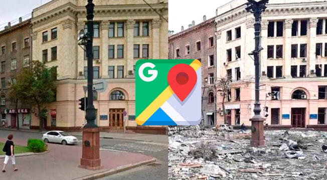 Antes y después de la ciudad de Kharkiv en Ucrania.