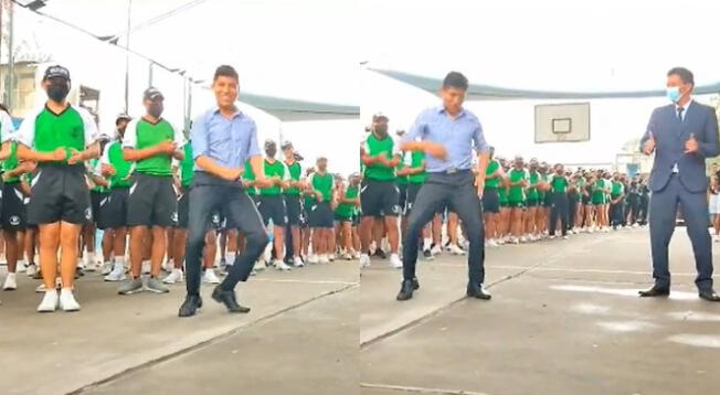 'Profe bailarín' sorprende a estudiantes en plena formación del colegio y baila a ritmo de 'Jordan'