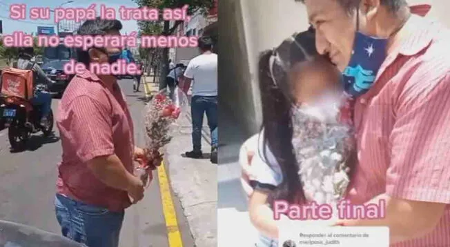 Papá fue a recoger a su hija al colegio con un ramo de flores en mano