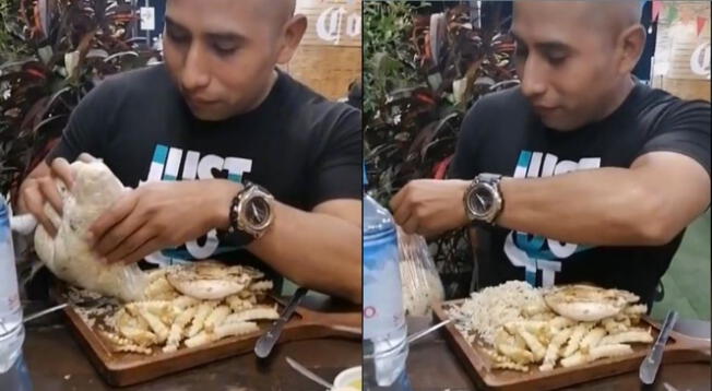 Sujeto va a comer pollo a la brasa y lleva arroz chaufa de su casa en una bolsa - VIDEO