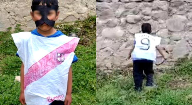 Ingenioso niño elabora camiseta y máscara al estilo Lapadula con una bolsa de plástico