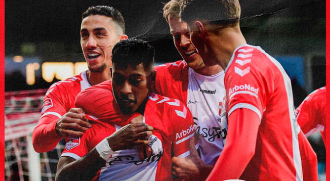 Miguel Araujo celebrando su gol con camiseta de FC Emmen