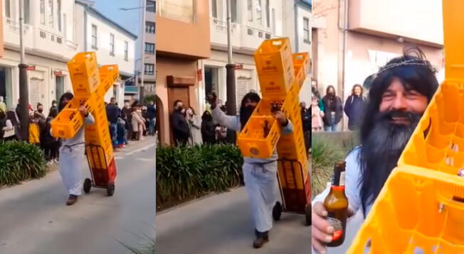 Hombre se vuelve viral al representar a Jesús pero llevaba una cruz de cajas de cervezas.