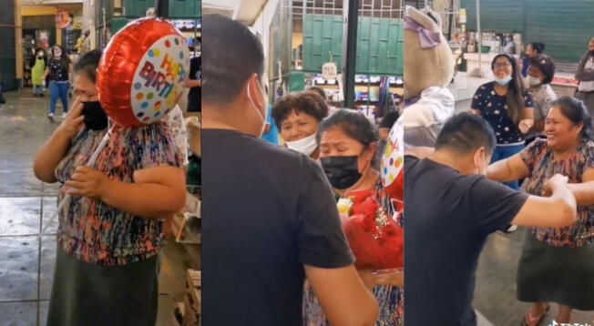 Joven sorprende a su madre con flores y globos en su puesto en el mercado - VIDEO