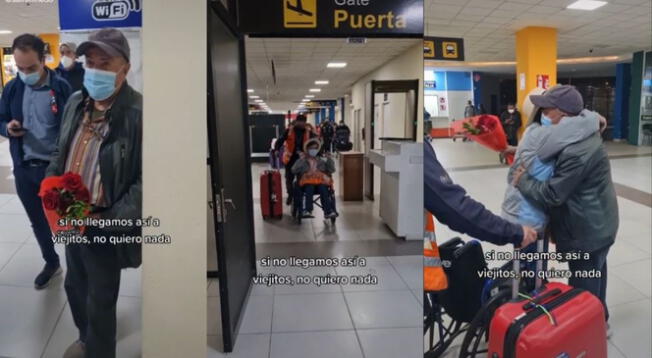 Adulto mayor sorprende a su esposa con flores en el aeropuerto: