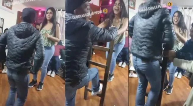 Joven utilizó escalera para bailar al ritmo de la sala con joven más alta - VIDEO