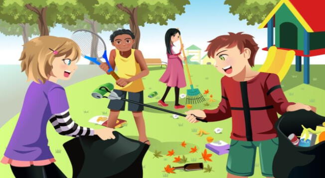 Encuentra al joven que no está ayudando a limpiar el parque. Encuentra al joven que no está ayudando a limpiar el parque.