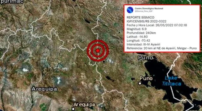 Se registró sismo de magnitud 6.9 en la ciudad de Melgar - Puno.
