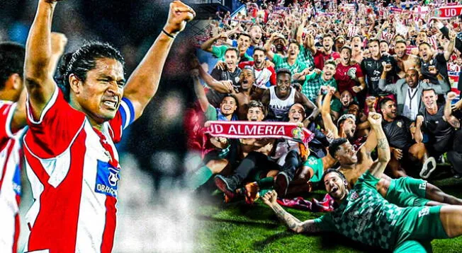 Santiago Acasiete celebra el ascenso de Almería a LaLiga