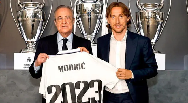 Luka Modrid y Florentino Pérez tras la renovación de contrato con Real Madrid