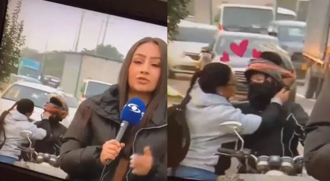 Comunicadora transmite en vivo y pareja de enamorados capta la atención de los televidentes.