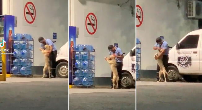 Un trabajador de una estación gasolinera causó ternura al congeniar con un perro.