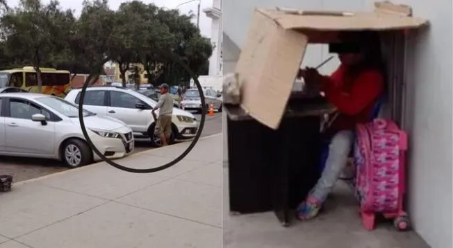 Viral: niña estudia en caja de cartón, mientras su padre trabaja limpiando carros