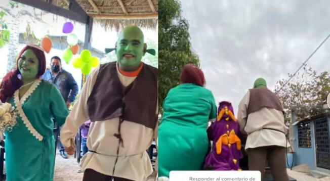 Boda de Sherk es furor en TikTok: Pareja e invitados llegan con peculiares disfraces a evento