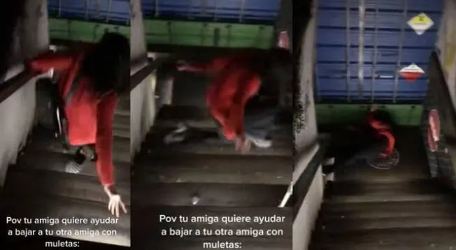 TikTok: Joven cae estrepitosamente tras querer ayudar a su amiga en muletas- VIDEO TikTok: Joven cae estrepitosamente tras querer ayudar a su amiga en muletas- VIDEO