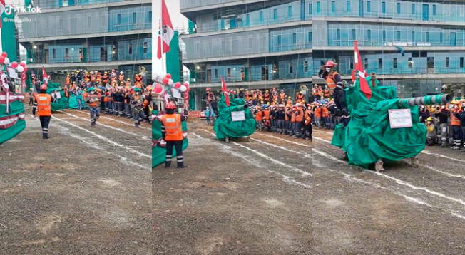 Trabajadores realizan su mini parada militar con un peculiar tanque de guerra.