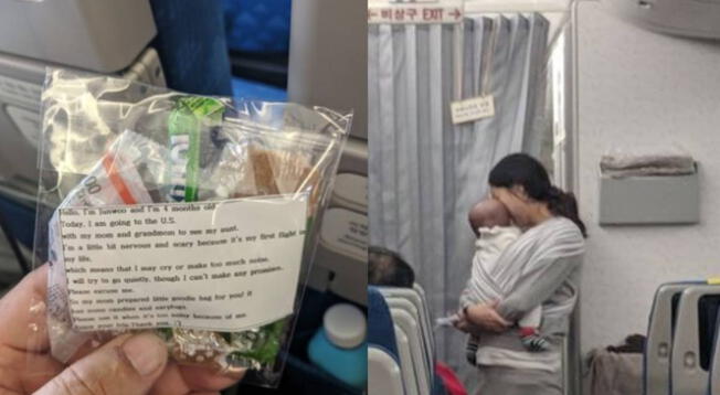 Viral: Madre regala bolsas de 'disculpa' a pasajeros de avión por si su bebé lloraba