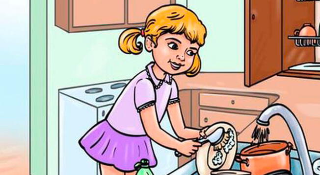 Utiliza tu vista de águila y encuentra el error en esta imagen de una niña lavando platos Utiliza tu vista de águila y encuentra el error en esta imagen de una niña lavando platos