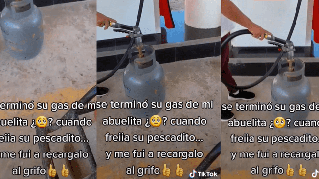 Joven recarga su balón de gas en el grifo