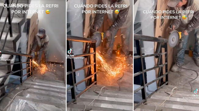 Un joven tuvo que cortar las barandas de su escalera para poder subir su refrigeradora.