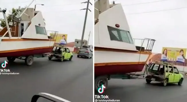 Un pequeño Tico fue captado jalando una lancha en una autopista.