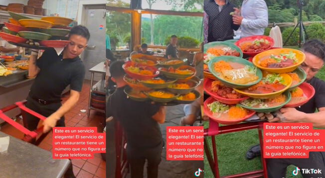 Joven causa asombro tras llevar más de 15 platos de comida con una sola mano