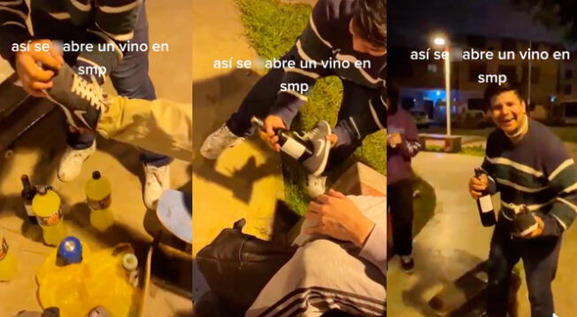 ¡Qué trucazo! Joven abre una botella de vino con una zapatilla de su amigo.