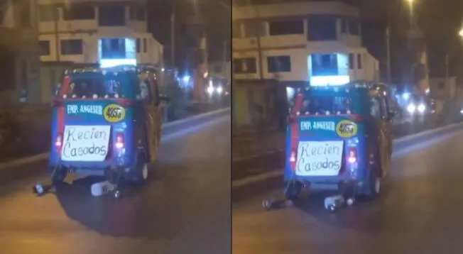 Recién casados se movilizan en su mototaxi por la ciudad: "Qué viva el amor"
