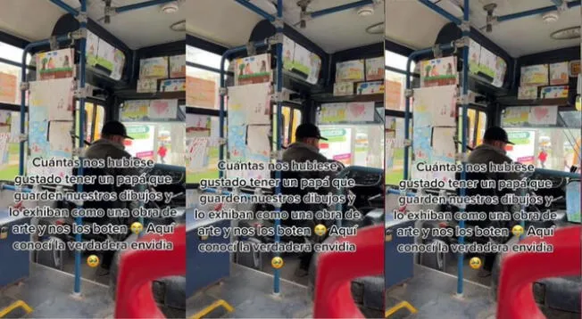 TikTok: chofer muestra orgulloso dibujos de su hijo en su bus de transporte público