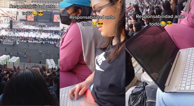Fue a ver a Daddy Yankee y a la par trabajó desde su laptop sentada en la tribuna - VIDEO