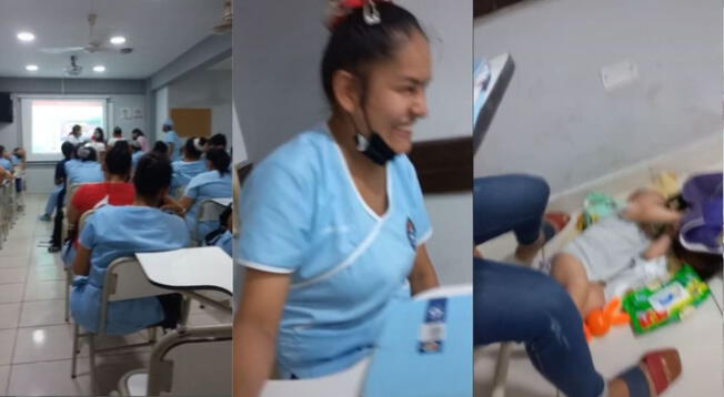 TikTok: madre de familia asiste a clases acompañado de su bebé recién nacido - VIDEO