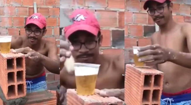 Albañil usa vaso de cerveza para asegurar el nivel correcto de los ladrillos en construcción