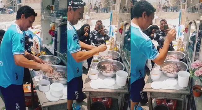 Peruano se animó a cocinar ceviche frente al nicho de su familiar.