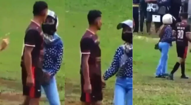 Joven ingresa a cancha en medio de partido de fútbol para sacar a su pareja: "Ahí no es"