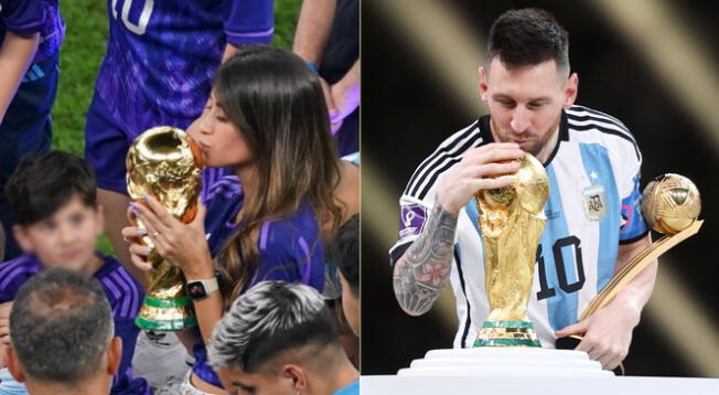 Antonela Rocuzzo besa la Copa del Mundo al igual que Messi y Maradona