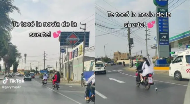 Pareja de recién casados pasean en moto por la ciudad.