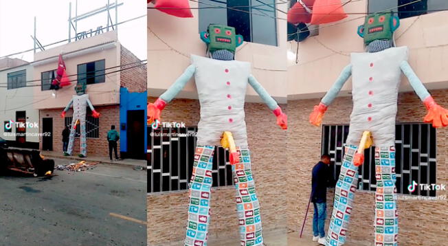 Video de TikTok muestra el muñeco gigante que elaboraron unos jóvenes peruanos.