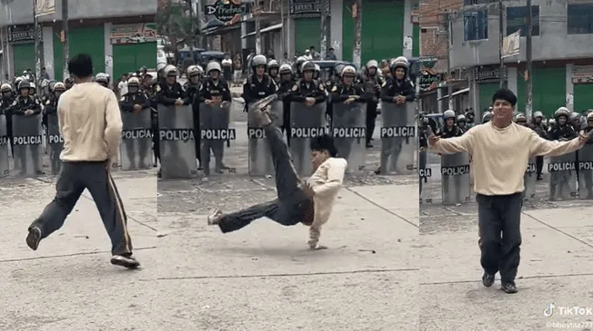 En plena protesta, el hábil muchacho sacó a relucir sus mejores pasos frente al cordón policial.