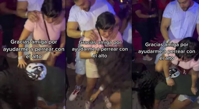 Joven se vuelve 'banquito humano' para que su amiga pueda bailar con joven más alto