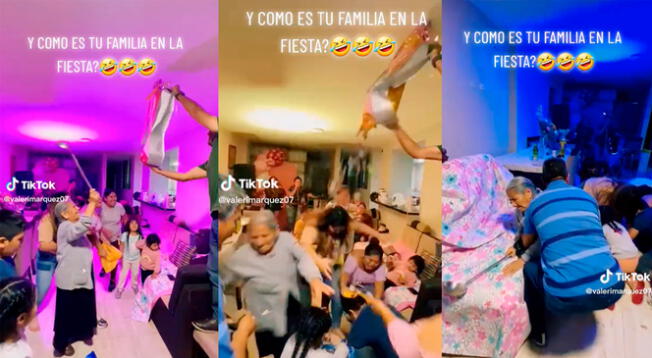 La adulta mayor terminó en el mueble luego que su familia se emocionara con el juego de romper la piñata.